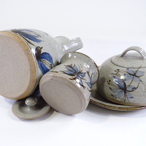 83 - John Davidson (1936 - 2005), Truro Pottery, 3 pieces of stoneware with blue fuschia decoration, jug ... 