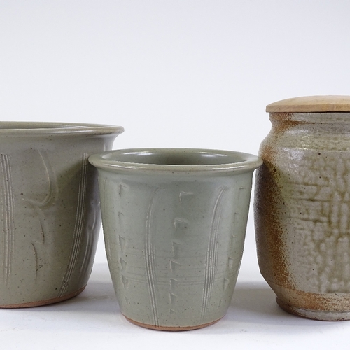 94 - Lowerdown studio pottery, (David Leach interest), 2 plant pots with green glaze incised decoration, ... 