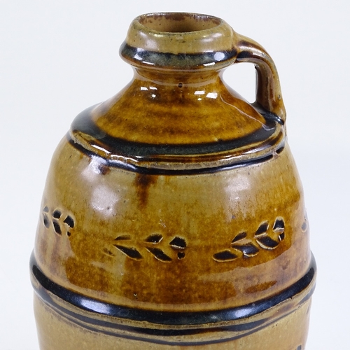 97 - Mike Dodd (born 1943), studio pottery ash glaze bottle vase, with incised decoration, circa 1980s, h... 