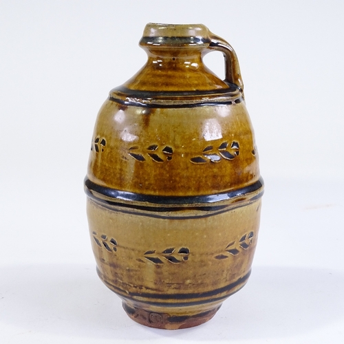 97 - Mike Dodd (born 1943), studio pottery ash glaze bottle vase, with incised decoration, circa 1980s, h... 