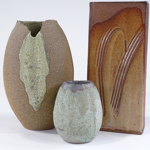 98 - 3 studio pottery vases, including a Marianne De Trey slab vase, height 28cm (3)