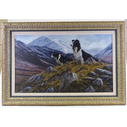 1340 - John Trickett (born 1952), oil on canvas, sheep dogs in the mountains, 18