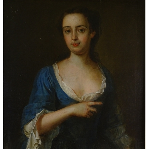 1341 - WITHDRAWN Early 18th century oil on canvas, portrait of a woman in blue, unsigned, 36