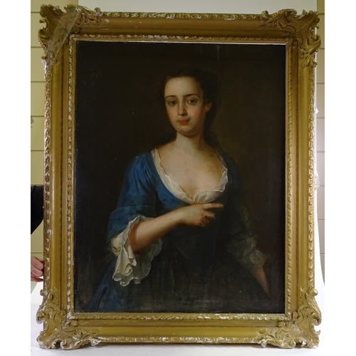 1341 - WITHDRAWN Early 18th century oil on canvas, portrait of a woman in blue, unsigned, 36