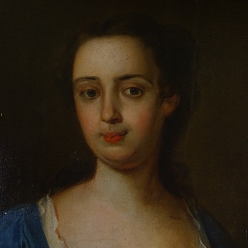 1341 - WITHDRAWN Early 18th century oil on canvas, portrait of a woman in blue, unsigned, 36