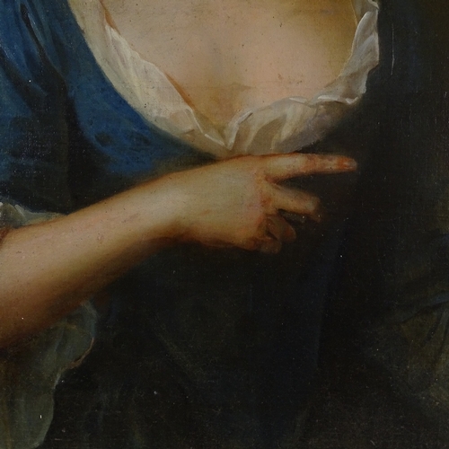 1341 - WITHDRAWN Early 18th century oil on canvas, portrait of a woman in blue, unsigned, 36