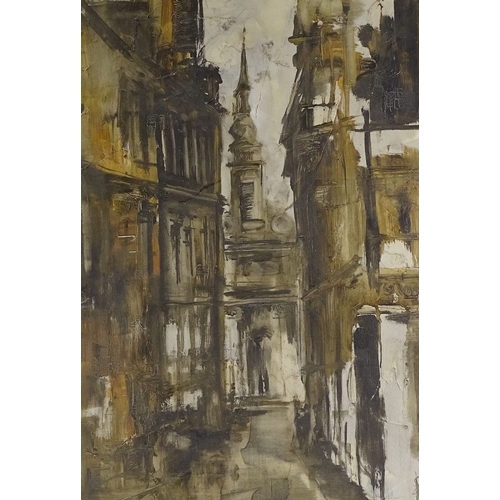 1342 - F D Taggart, oil on canvas, street scene 1962, 30