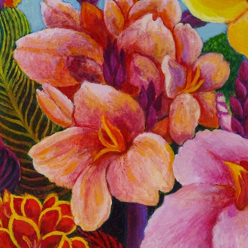 1345 - Muriel Barlow, oil on canvas, exotic flowers, 20