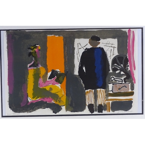 1351 - French School, lithograph, circa 1960s, figures in an interior, indistinctly signed, 11