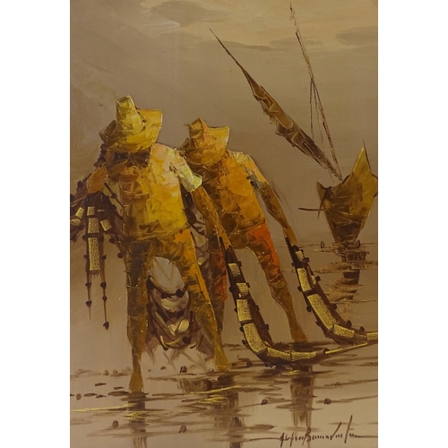 1362 - Alfredo Bonaventura (1942 - 1982), oil on canvas laid on board, Fishermen with nets, 24