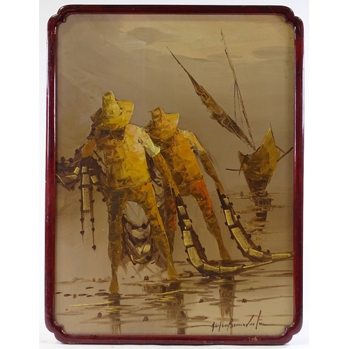 1362 - Alfredo Bonaventura (1942 - 1982), oil on canvas laid on board, Fishermen with nets, 24