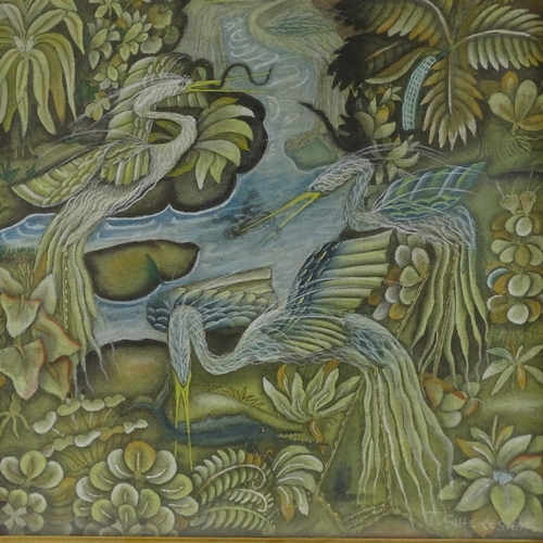 1369 - Balinese School, gouache on linen laid on board, birds at river, signed Kt Balik, 35