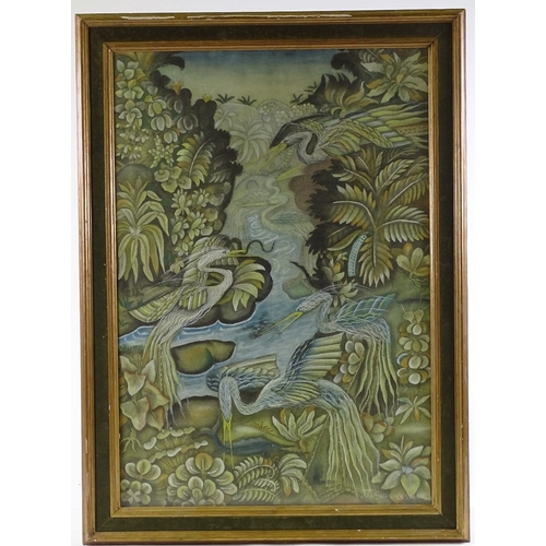 1369 - Balinese School, gouache on linen laid on board, birds at river, signed Kt Balik, 35