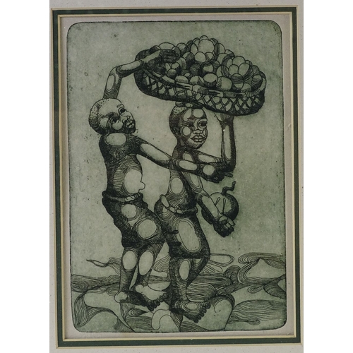 1370 - Robino Ntila (born 1953), 2 etchings, men carrying fruit, plate size 8.5