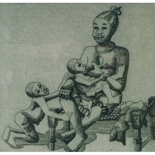 1370 - Robino Ntila (born 1953), 2 etchings, men carrying fruit, plate size 8.5