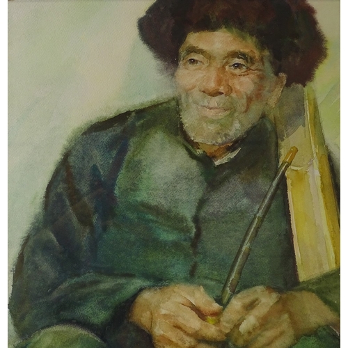 1375 - Chinese School, watercolour, old man with pipe, signed in Chinese, 21