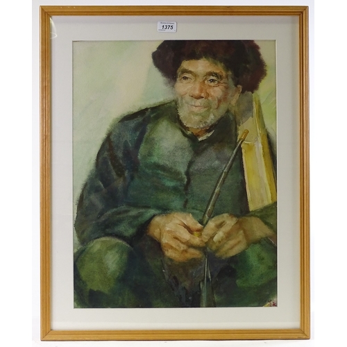 1375 - Chinese School, watercolour, old man with pipe, signed in Chinese, 21