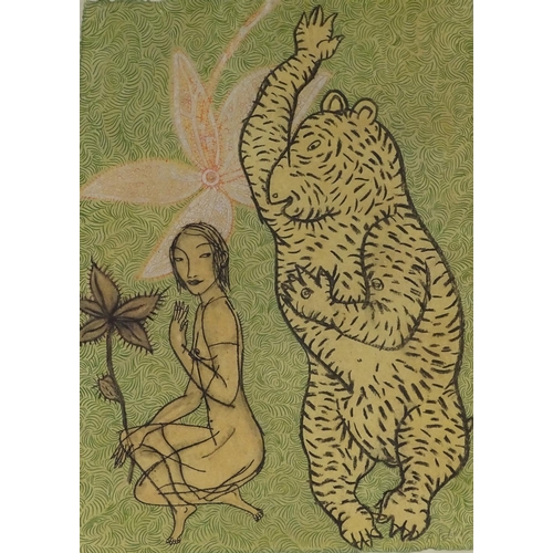 1379 - Vietnamese School, mixed media on paper, nude and tiger, 207, indistinctly signed, 16