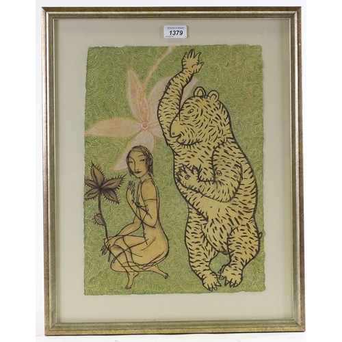 1379 - Vietnamese School, mixed media on paper, nude and tiger, 207, indistinctly signed, 16