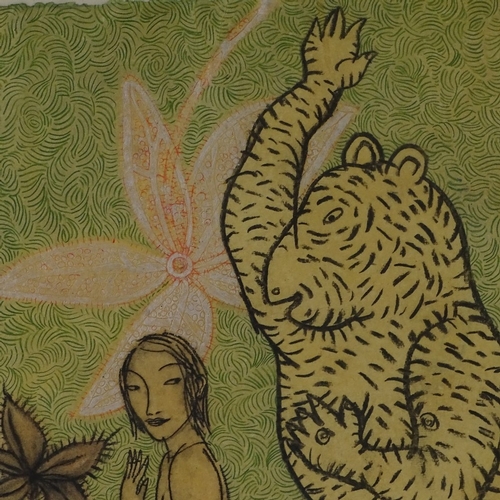 1379 - Vietnamese School, mixed media on paper, nude and tiger, 207, indistinctly signed, 16