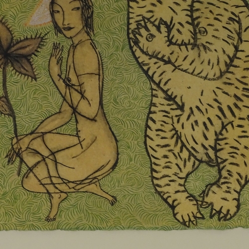 1379 - Vietnamese School, mixed media on paper, nude and tiger, 207, indistinctly signed, 16