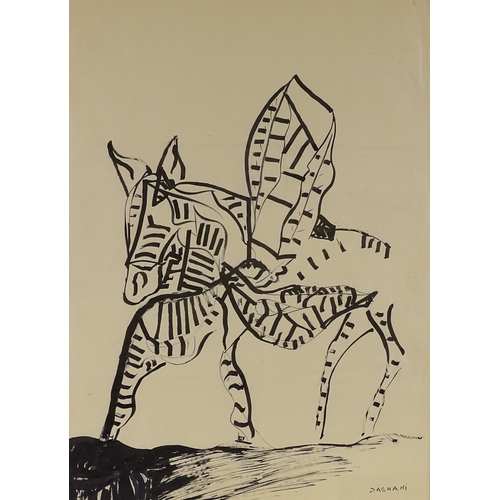 1381 - Arnold Daghani (1909 - 1935), black ink drawing, mythical striped beast, 1960, 23