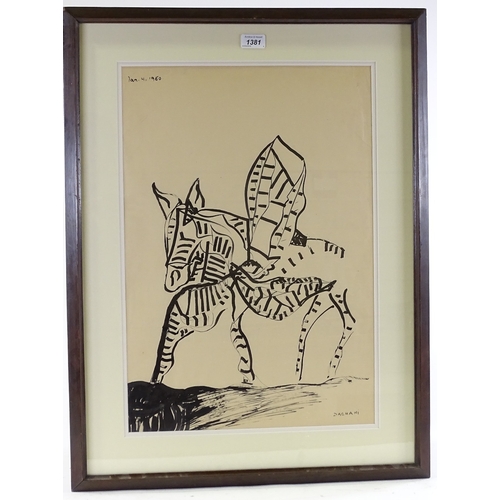 1381 - Arnold Daghani (1909 - 1935), black ink drawing, mythical striped beast, 1960, 23