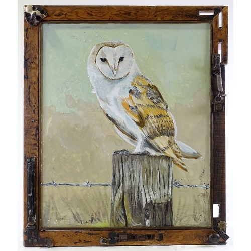 1390 - Clive Fredriksson, oil on canvas, snowy owl in rustic wood frame, overall dimensions 28