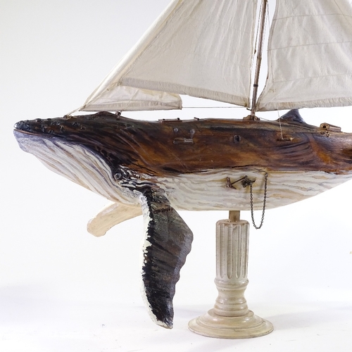 1393 - Clive Fredriksson, carved and painted wood surrealist sculpture, whale ship, length 40