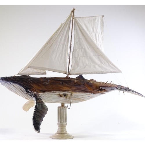 1393 - Clive Fredriksson, carved and painted wood surrealist sculpture, whale ship, length 40