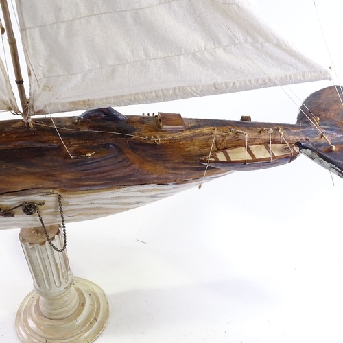 1393 - Clive Fredriksson, carved and painted wood surrealist sculpture, whale ship, length 40