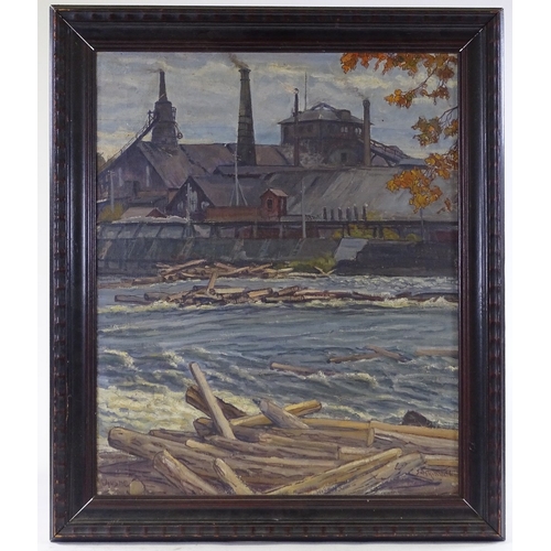 1404 - Sodra Hyttan, oil on canvas, European industrial river scene, 24