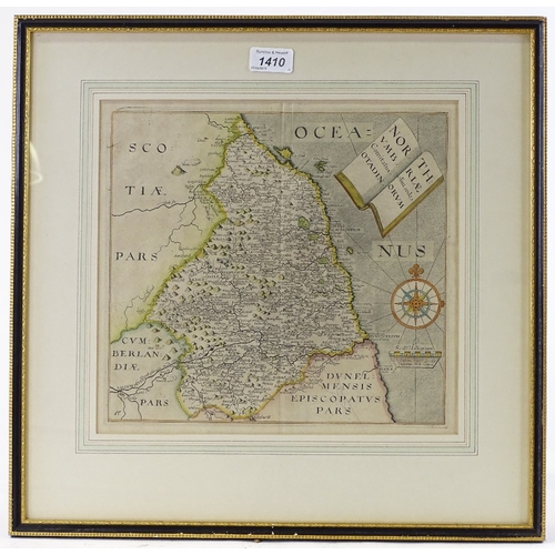 1410 - William Hole, hand coloured engraving, map of Northumberland, published 1637, images size 11