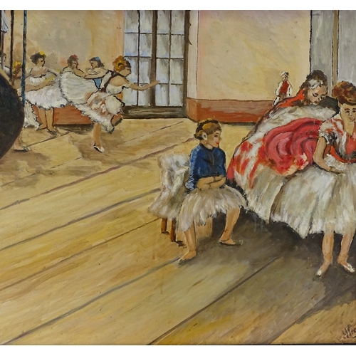 1412 - Mid-20th century oil on canvas, the ballet class, indistinctly signed, 24