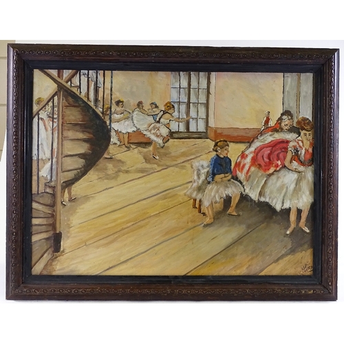 1412 - Mid-20th century oil on canvas, the ballet class, indistinctly signed, 24