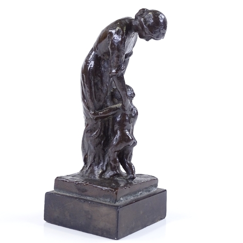 2 - Frances Bessie Burlison, bronze sculpture, mother and child on black marble plinth, height 18cm