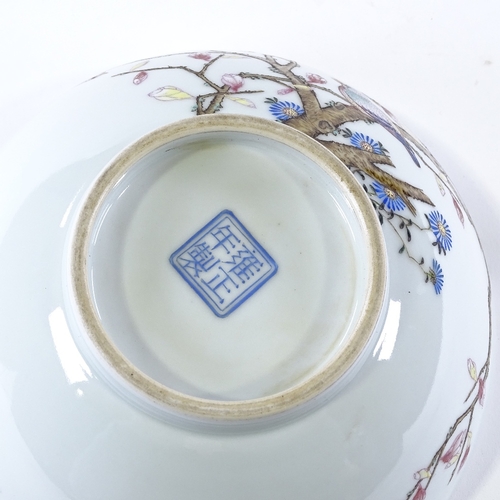 103 - A Chinese Republic white glaze porcelain bowl, hand painted birds and blossom trees, 4 character mar... 