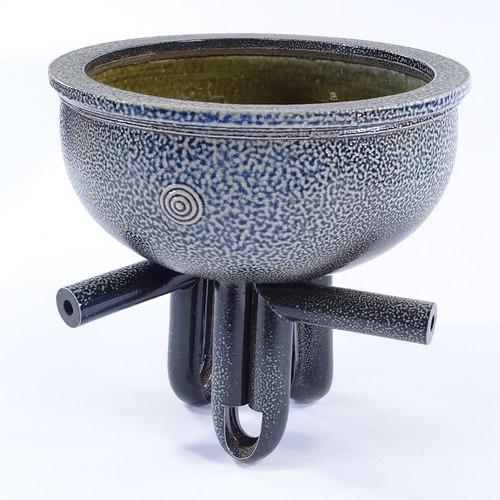 44 - Walter Keeler (British - born 1942), a large blue salt-glazed sculptural bowl on looping pipe feet, ... 