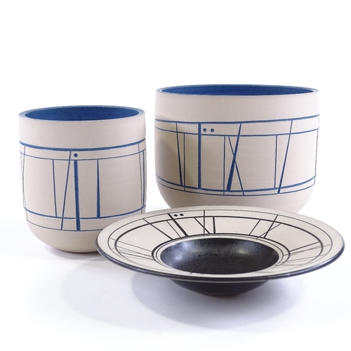 51 - Louise Darby (British - born 1957), 2 blue glazed incised Studio pottery vases, and a similar black ... 