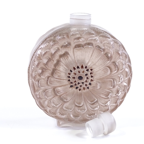 9 - A Rene Lalique pink frosted glass dahlia design perfume bottle, relief moulded design to both sides,... 
