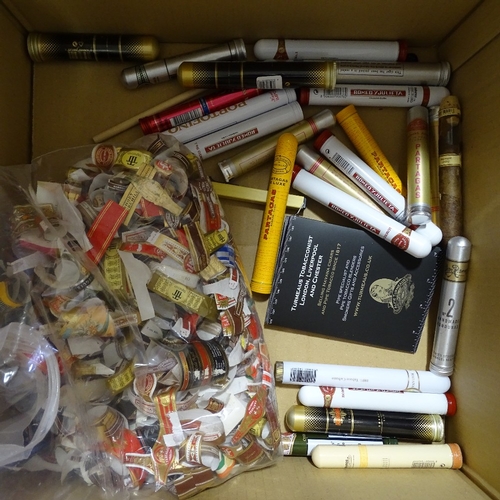 96 - A large box of empty cigar boxes, cigars labels, and tubes