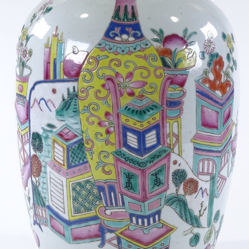 108 - A Chinese white glaze porcelain vase, with painted enamel designs, height 43cm, rim A/F