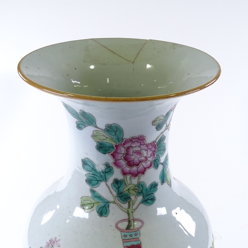 108 - A Chinese white glaze porcelain vase, with painted enamel designs, height 43cm, rim A/F