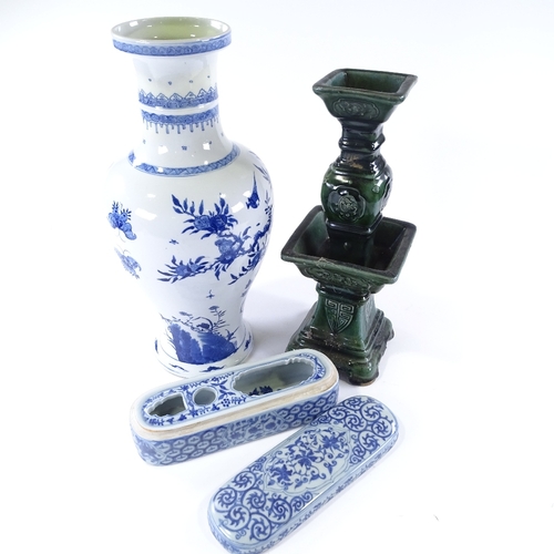 113 - A group of Chinese porcelain items, including a green glazed porcelain table centre candle stand, he... 