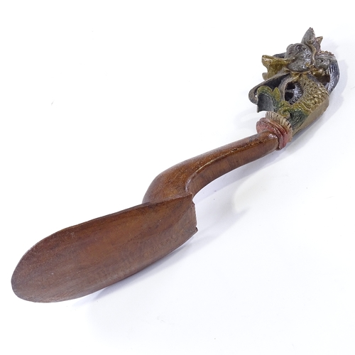 116 - A Chinese carved and painted wood ceremonial spoon with dragon design handle, length 33cm