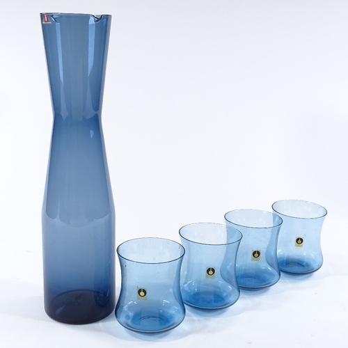 119 - Iittala Finland, blue glass designer carafe with set of 4 boxed blue glassed tumblers, by Pukeberg S... 