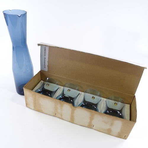 119 - Iittala Finland, blue glass designer carafe with set of 4 boxed blue glassed tumblers, by Pukeberg S... 