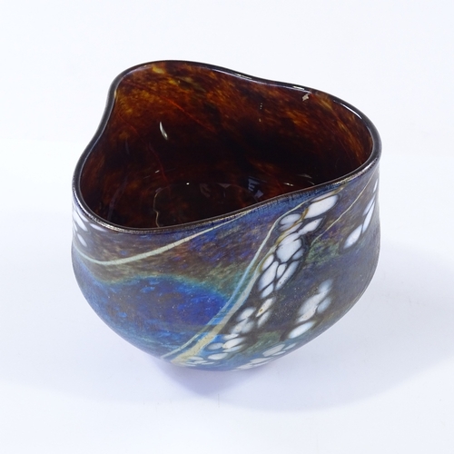 120 - A handmade Studio coloured glass iridescent bowl with shaped rim, height 10cm