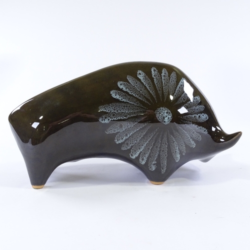 123 - A Lotus Pottery bull designed by Elizabeth Skipworth, circa 1970s, length 32.5cm