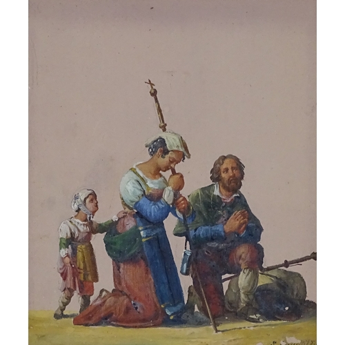 1353 - 19th century Continental school, gouache, a praying family, indistinctly signed, 6.5